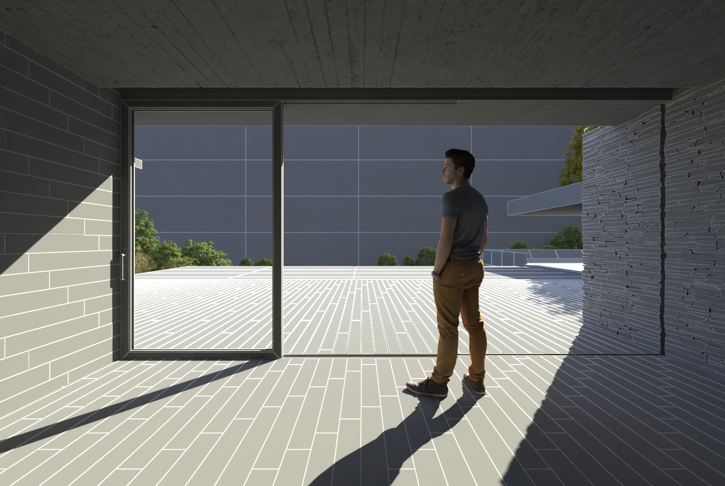 Modeling and Lighting stage integrading 3D plants and 3D human model in the \"Plane House\" model (grey texture)